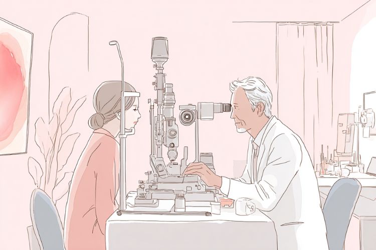 眼科で眼瞼下垂の診察を受けている