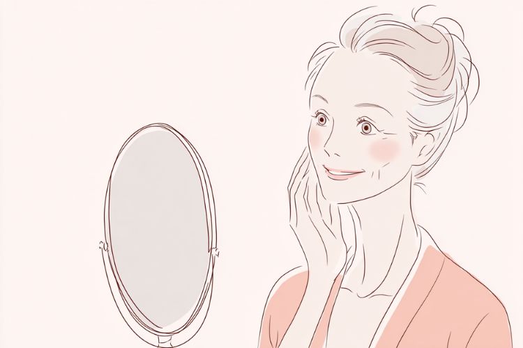 眼瞼下垂の治療後に明るい表情で鏡を見ている