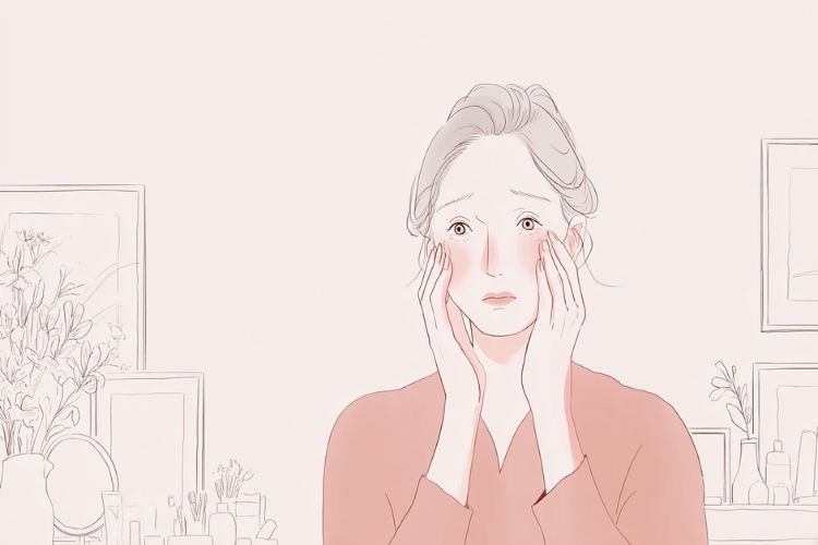 目の下を心配そうに触っている女性