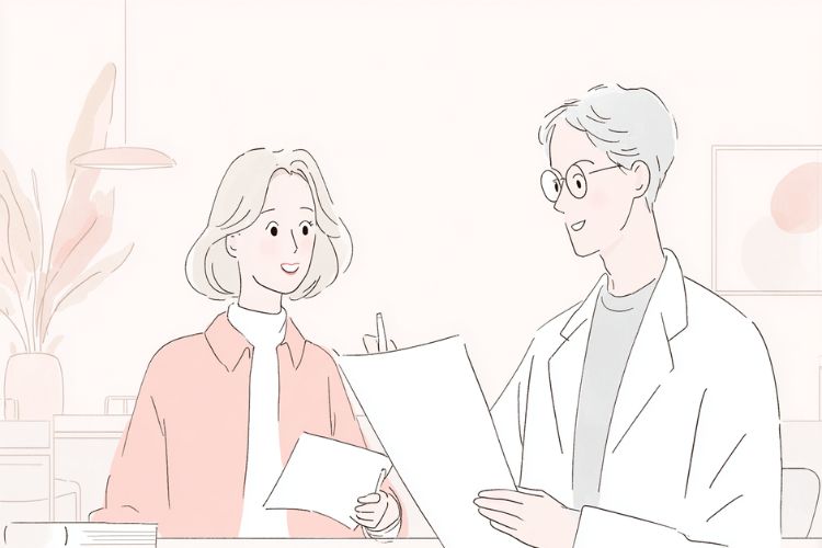 医師と経結膜脱脂のチェックリストを確認