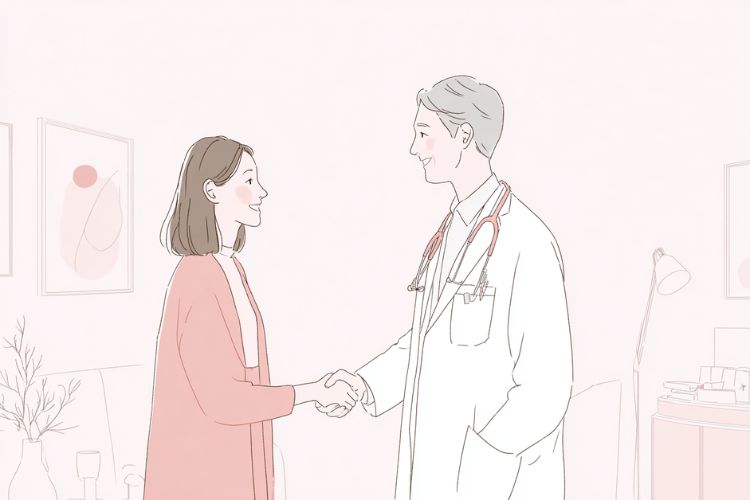 安心した表情で形成外科医と握手