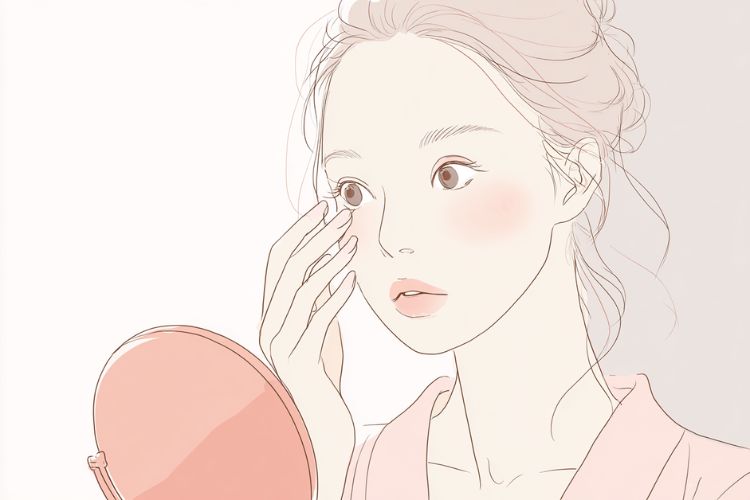 眼瞼下垂手術後の目元の腫れを心配そうに確認