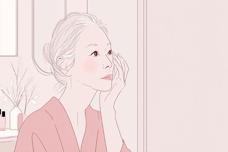 鏡を見て目元を確認する50代女性