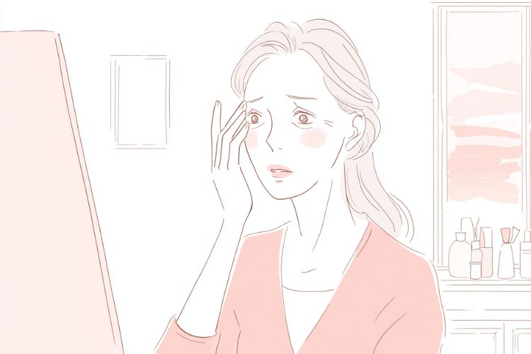 鏡を見ながら自分の瞼を気にしている