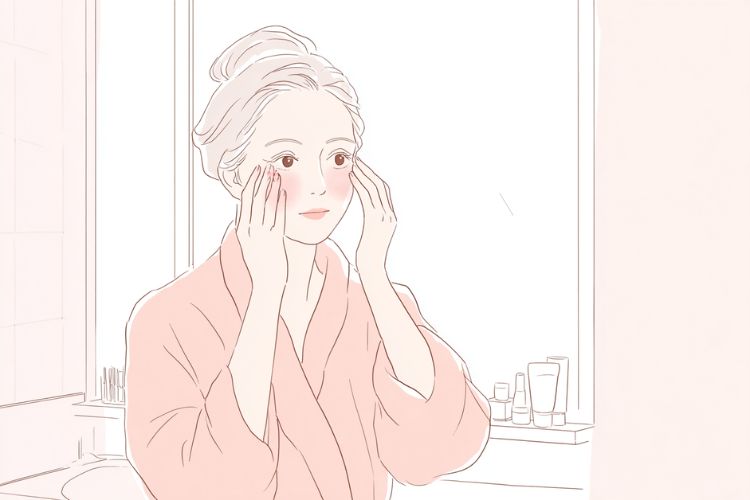 洗顔後に鏡の前で瞼のマッサージ