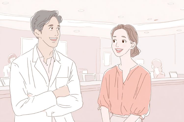 形成外科の受付で医師と話している女性