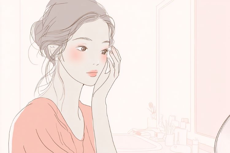 鏡で自分の片目の瞼の下がりを確認している