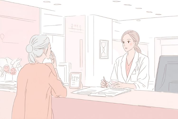 片目の瞼下がりを病院の受付で相談している