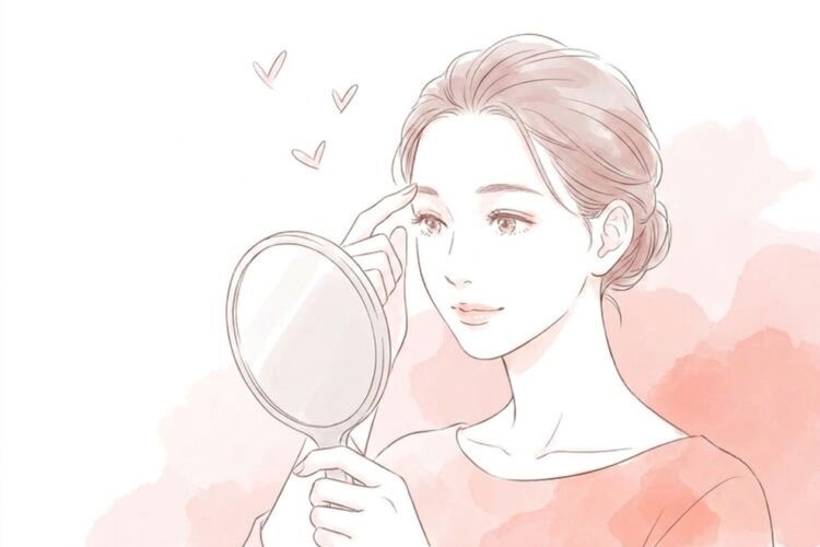 まぶたの不調のセルフチェックをする女性のイラスト