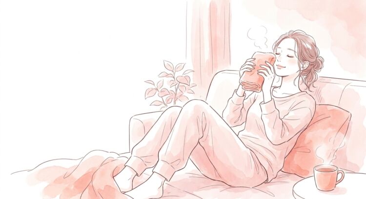 睡眠や温めで血行を促すセルフケアのイラスト