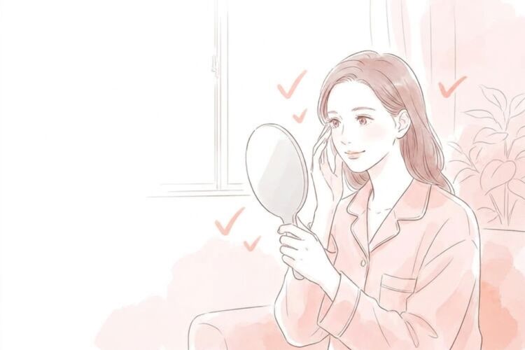 経過を鏡でやさしく確認する女性のイラスト