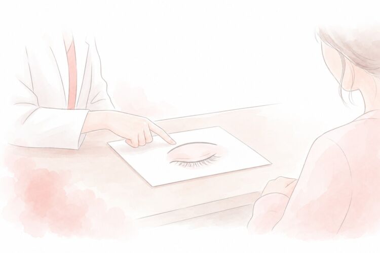 まぶたの図を見ながら治療方法を説明する診察のイラスト
