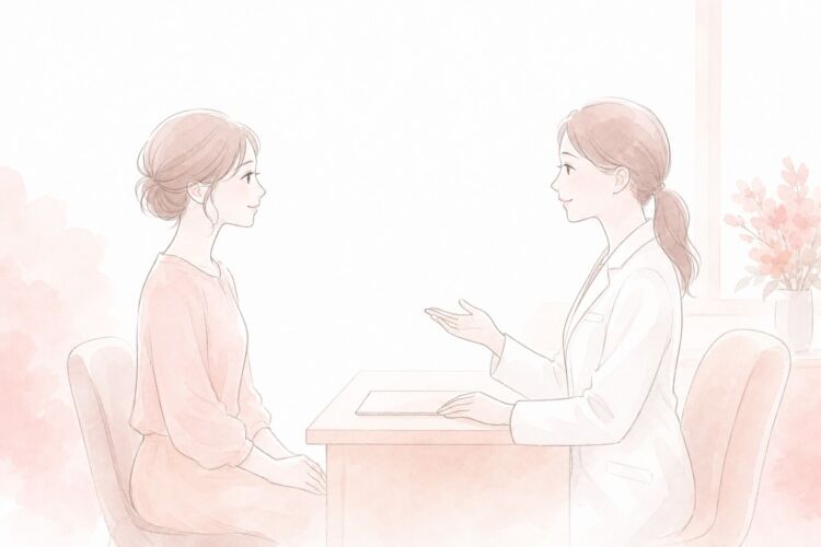 診察室で医師と落ち着いて話す女性のイラスト