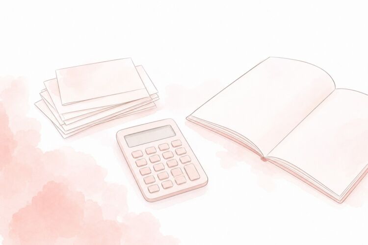 領収書と電卓とノートを並べた机のイラスト