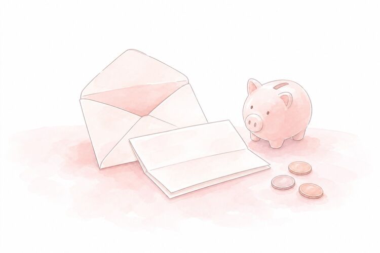 給付金の書類と貯金箱を並べたイラスト