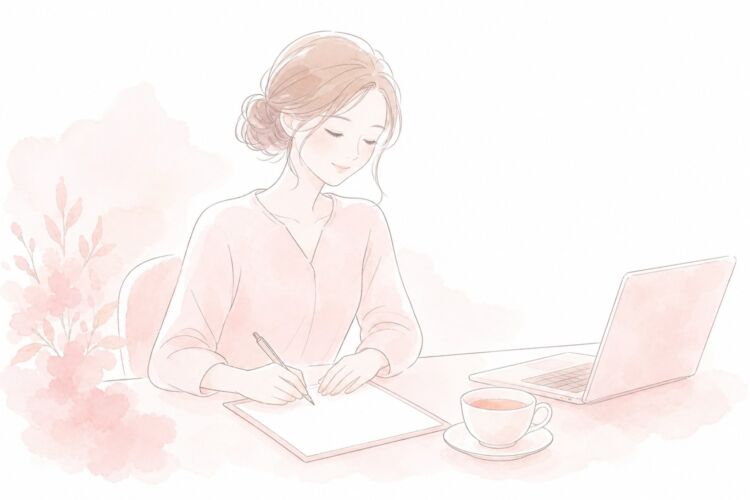 机で申告の書類に記入する女性のイラスト