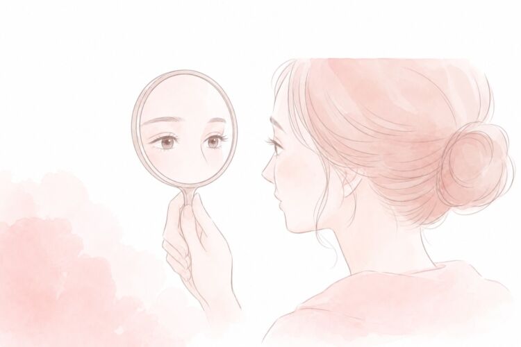 手鏡で自分の目もとを見る女性のイラスト