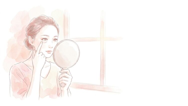 手鏡を見ながら目の下の皮膚を指で外側に引っ張って確かめる女性のイラスト