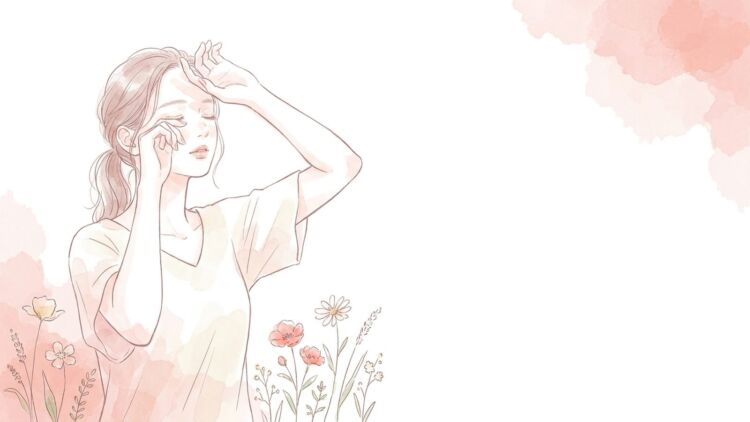 日差しの下で目をこすっている女性のイラスト