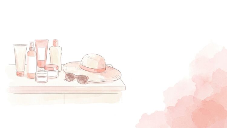 洗面台に並んだ日焼け止めと保湿クリーム、つばの広い帽子とサングラスのイラスト