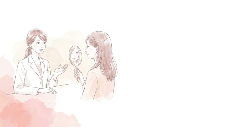 診察室で手鏡を持った女性に医師が説明している様子のイラスト