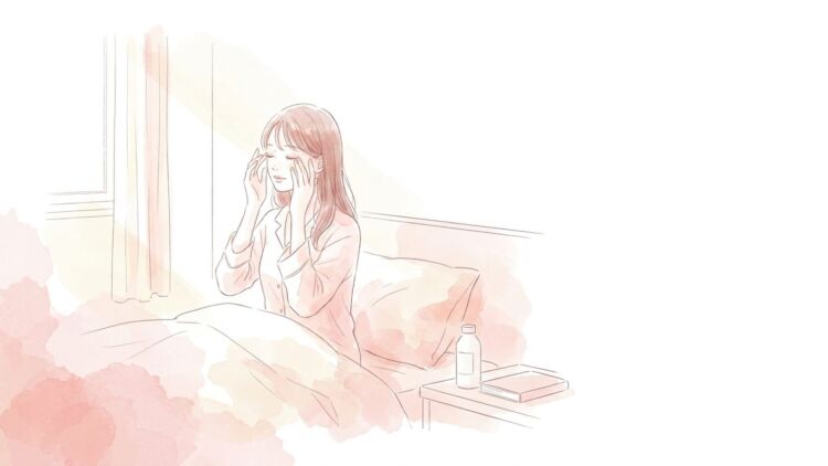 朝、起き上がってまぶたに指を当てている女性のイラスト