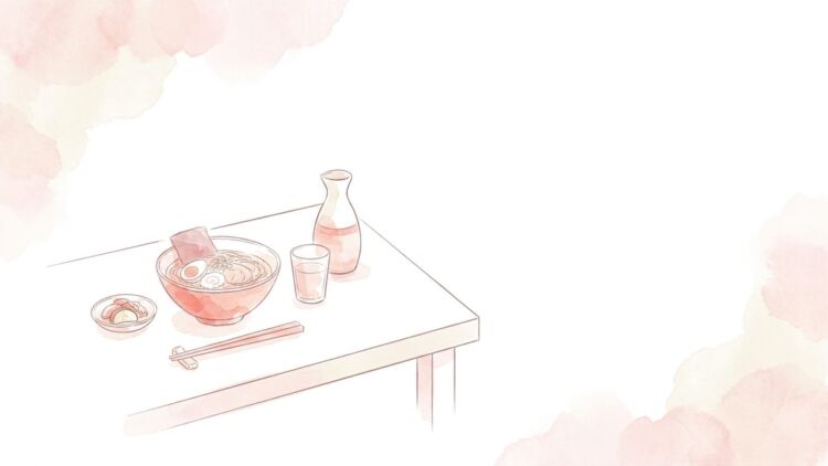テーブルに並んだラーメンの丼・漬物の小鉢・お酒のイラスト