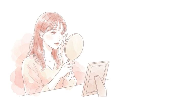 手鏡で自分のまぶたを確かめる女性と、傍らの数年前の写真立てのイラスト