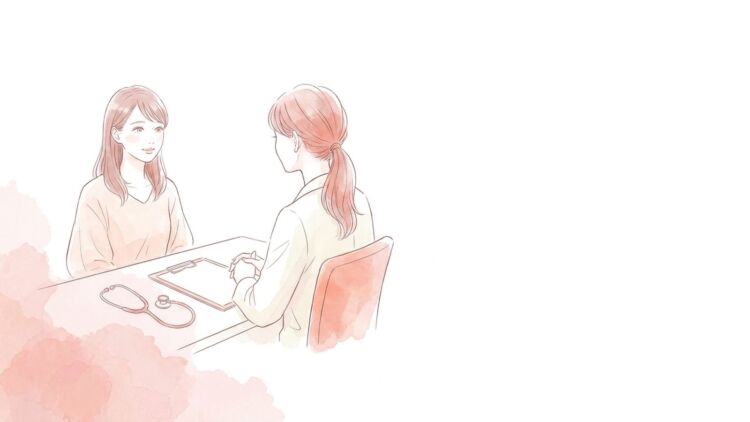 内科の診察室で医師に相談している女性のイラスト