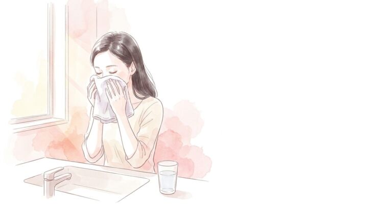 朝の洗面台で冷たいタオルをまぶたに当てている女性のイラスト