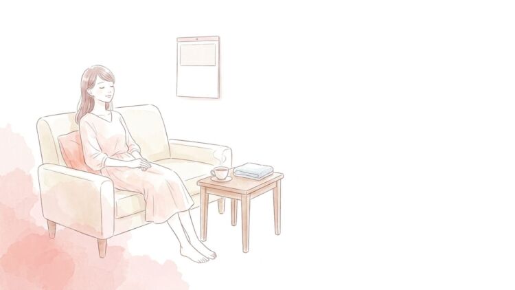 ソファで穏やかに休みながら回復の日数を確かめる女性のイラスト