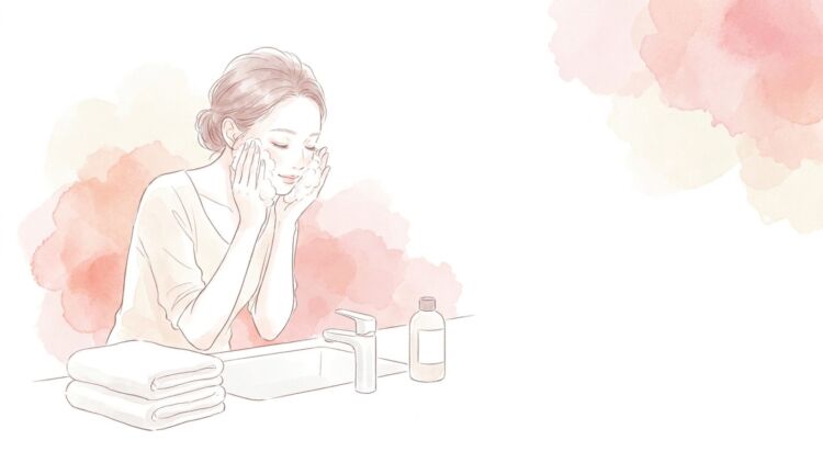 目のまわりを避けて泡でやさしく顔を洗う女性のイラスト