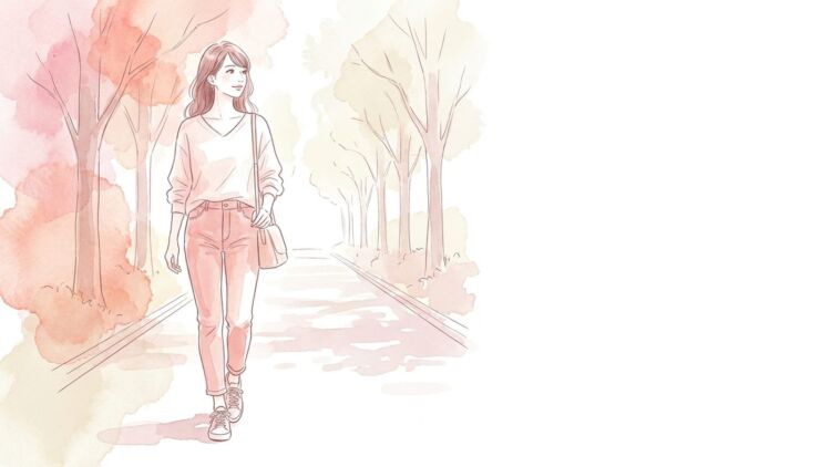 並木道をゆっくり散歩する女性のイラスト
