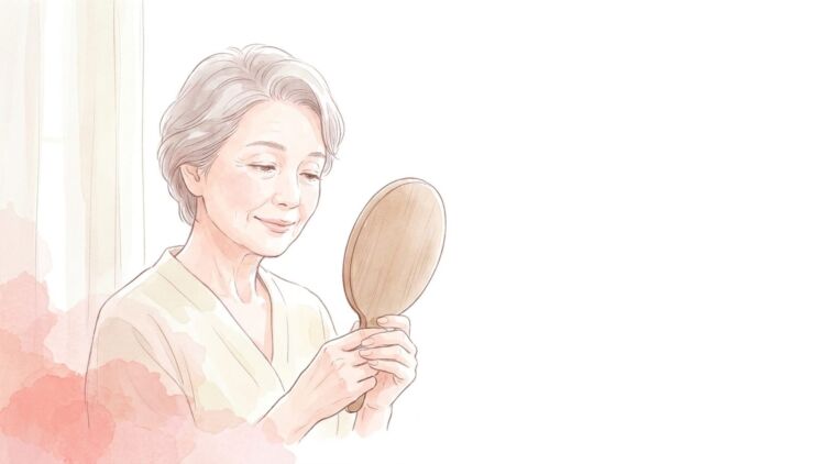 手鏡で自分のまぶたを確かめる高齢の女性のイラスト