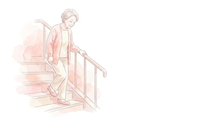 手すりにつかまって階段をゆっくり降りる高齢の女性のイラスト