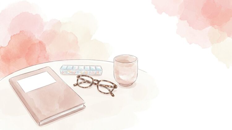 テーブルに置かれた手帳と一週間分のピルケース、老眼鏡のイラスト