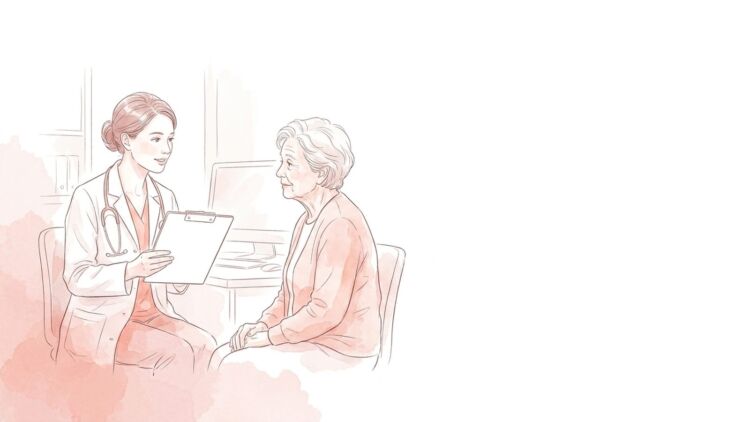 診察室で医師が高齢の患者に説明している様子のイラスト