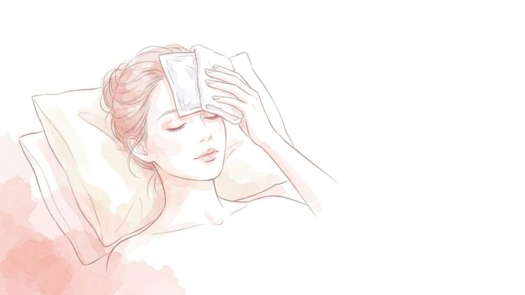 枕にもたれて休み、タオルで包んだ保冷剤を眉のあたりに当てる女性
