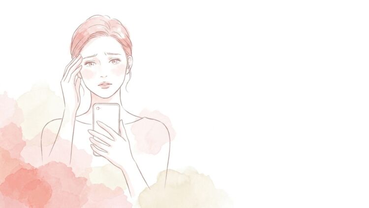 眉のあたりに手を添え、スマートフォンで連絡しようとする女性