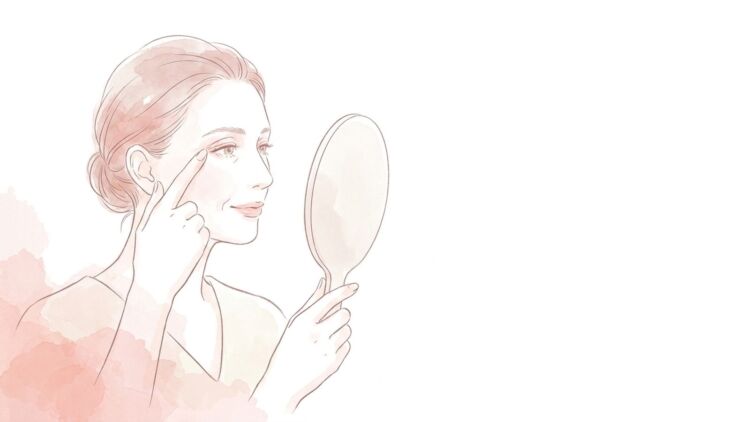手鏡を見ながら目元を確かめる女性