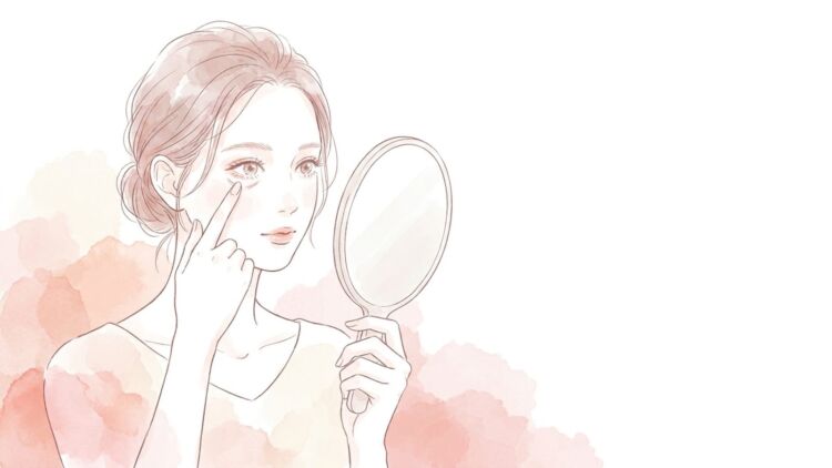 手鏡を見ながら頬の皮膚をそっと下に引き、目の下の色を確かめる女性