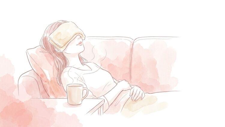 蒸しタオルを目元にのせて休む女性