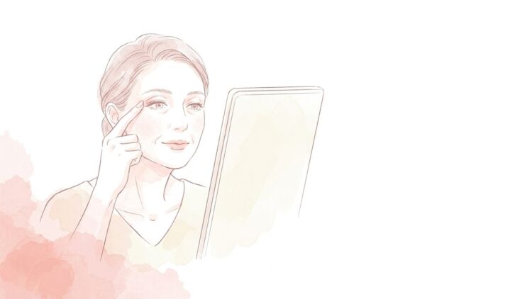 鏡の前で目元にそっと指を添えて確かめる女性