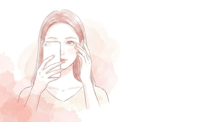 スマートフォンで自分の目元を撮影して変化を記録する女性