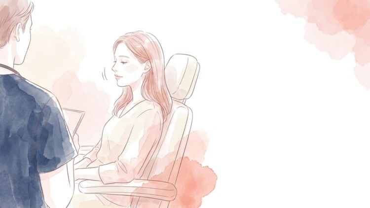診察室で医師の説明を聞く女性